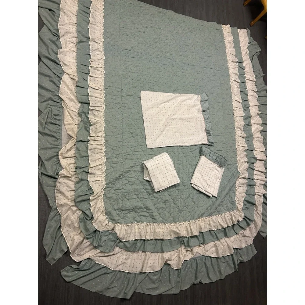 Vintage Sears Cottagecore Full Green‎ Floral Ruffle Bedspread Sheets Pillow Case